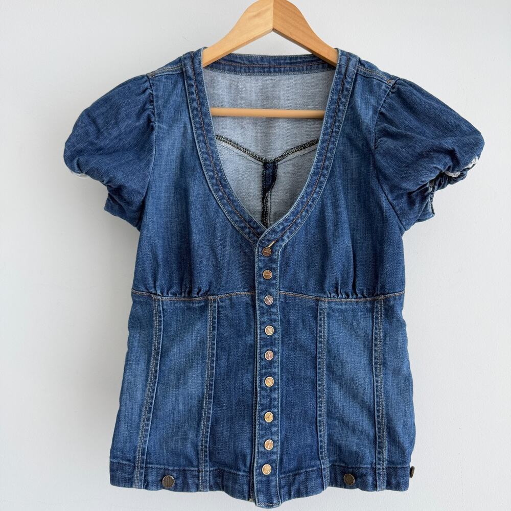 Bebe Y2K Denim Top Small Puff Sleeve Babydoll Cotton Corset Style Cottage Wester - Picture 1 of 9